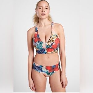Athleta Floral Bikini plunge top and clean full bikini bottom.